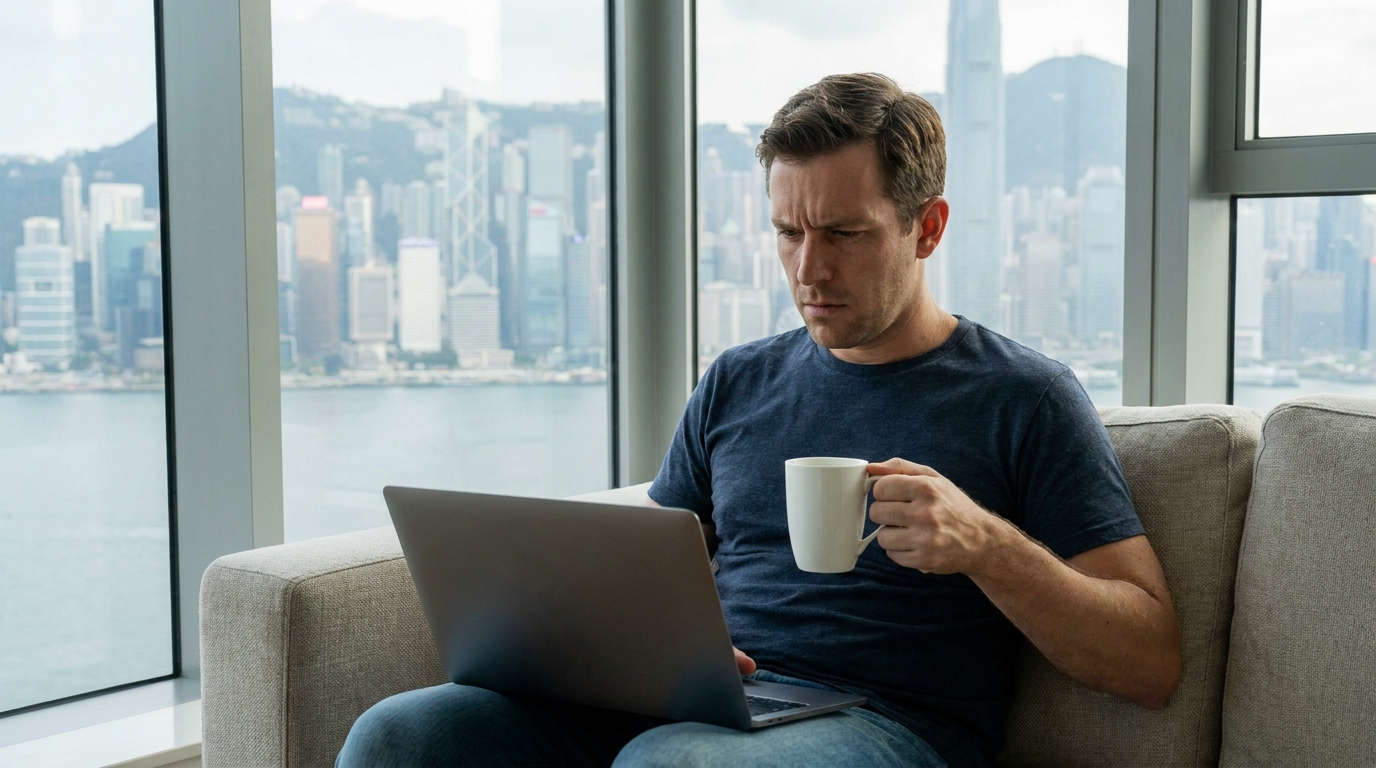 A 30-year-old man sitting on a sofa in a modern living room, frowning at a laptop on his lap, holding a white coffee cup in his right hand, next to floor-to-ceiling windows overlooking the Hong Kong city skyline during the day