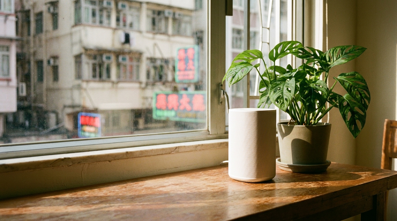 A white cylindrical network router placed on a wooden desk, next to a potted green plant, with sunlight streaming in through the window, creating a relaxed and comfortable atmosphere