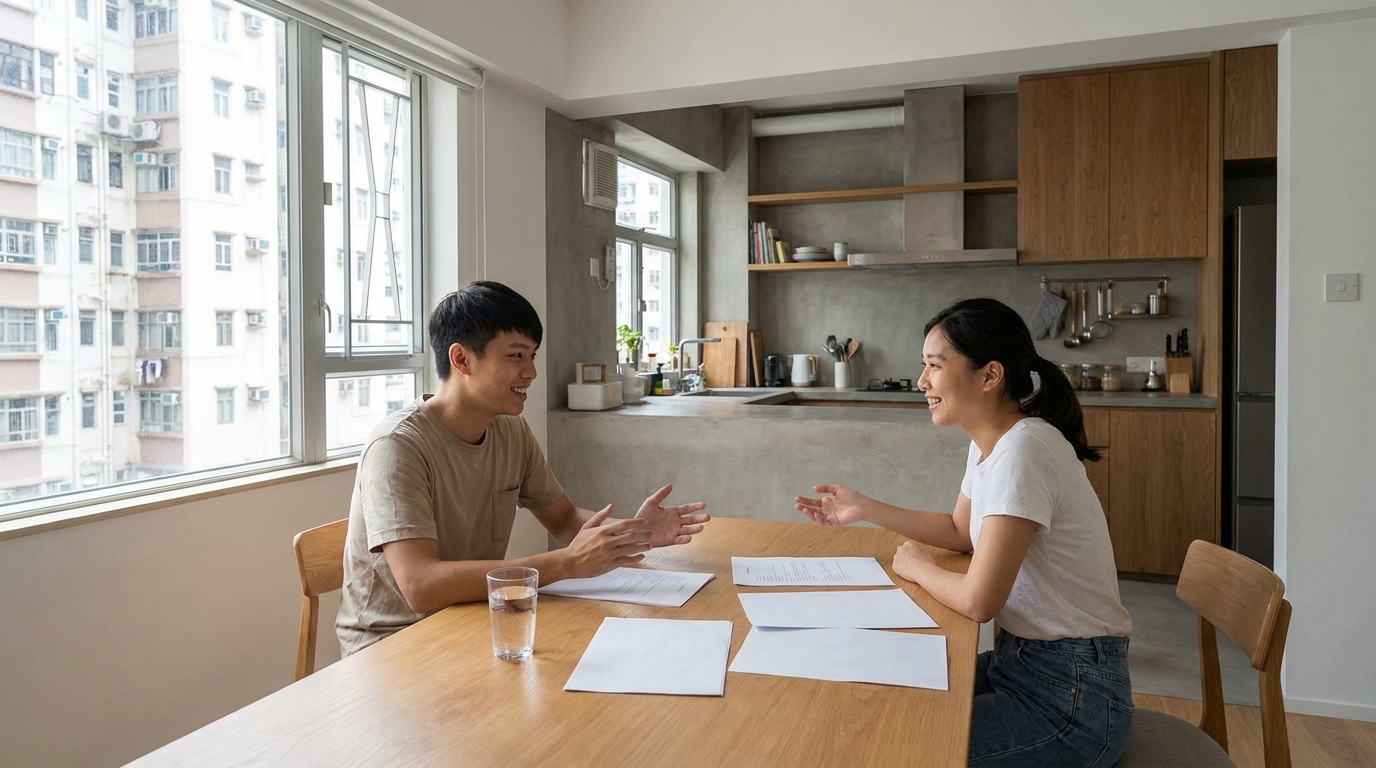 A young man and woman sitting in a brightly lit residential dining room, with some documents and a glass of water on the table, chatting and laughing in a relaxed atmosphere, with a minimalist kitchen in the background