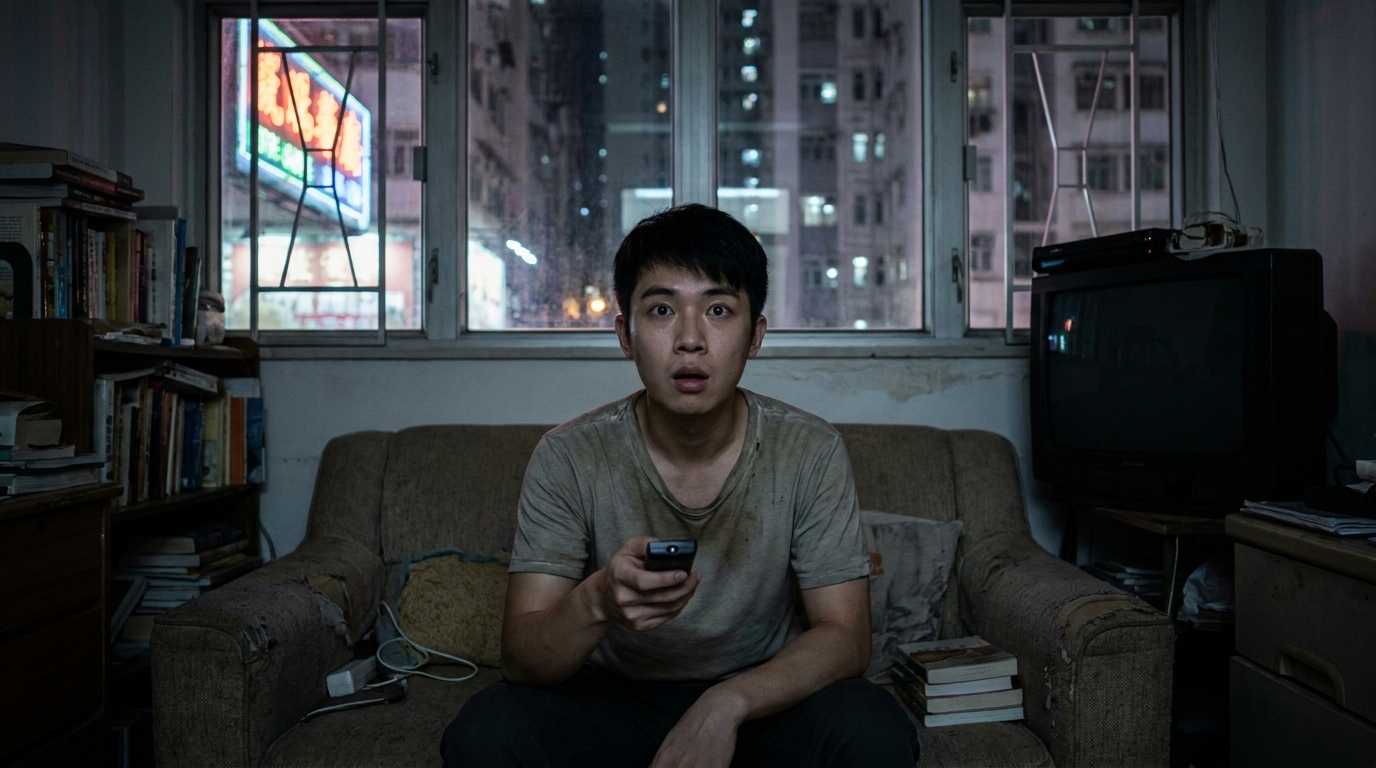 a young man sitting on a living room sofa at night with the lights off, holding a TV remote and looking forward with a surprised expression