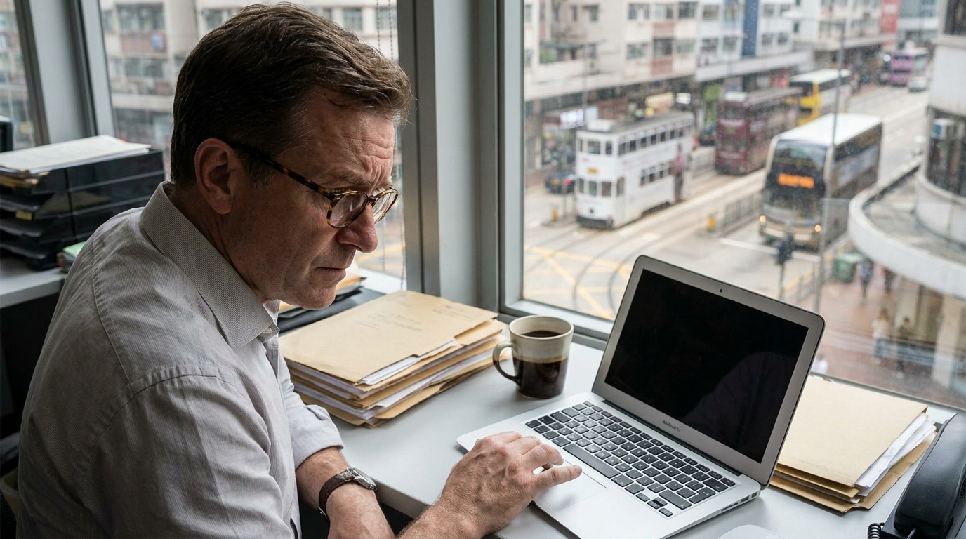 a man wearing glasses using a laptop in an office, frowning deeply, with a cup of coffee and stacks of documents nearby