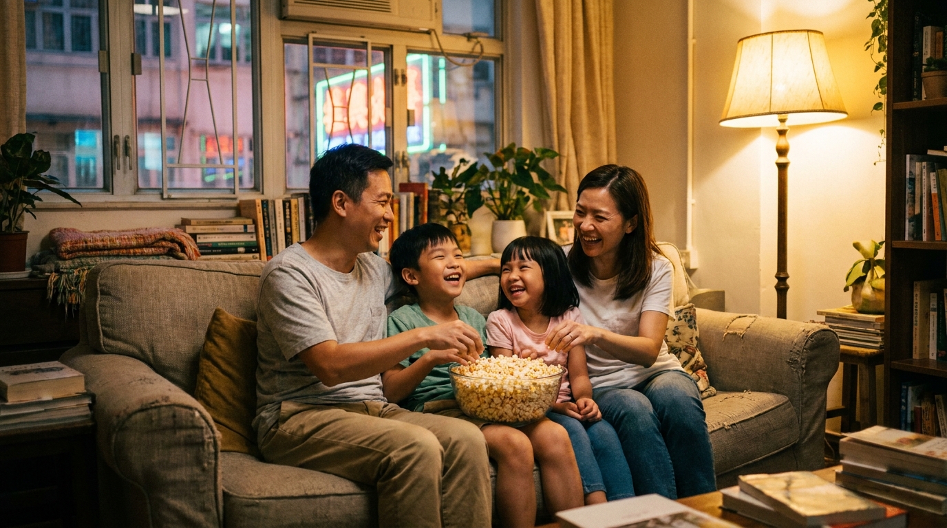 a family eating popcorn together in a cozy living room with a harmonious atmosphere and soft yellow background lighting