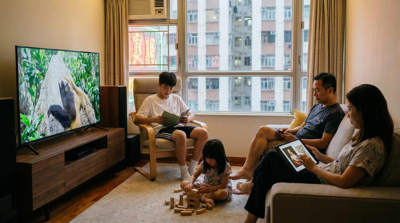 一家四口喺溫馨嘅客廳入面，有人坐喺梳化睇緊大電視，有人喺旁邊用緊平板電腦，室內燈光柔和