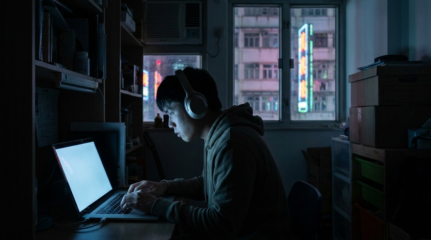 一個後生仔戴住頭戴式耳機，喺昏暗嘅房間入面用緊手提電腦，螢幕發出微弱嘅藍光打喺佢塊面上