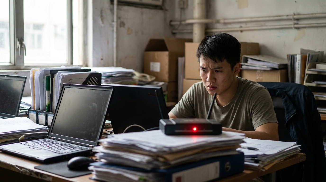 A young male boss frowning, sitting in a tiny industrial building office, looking at a router with a red light on, desk cluttered with documents and several laptops.