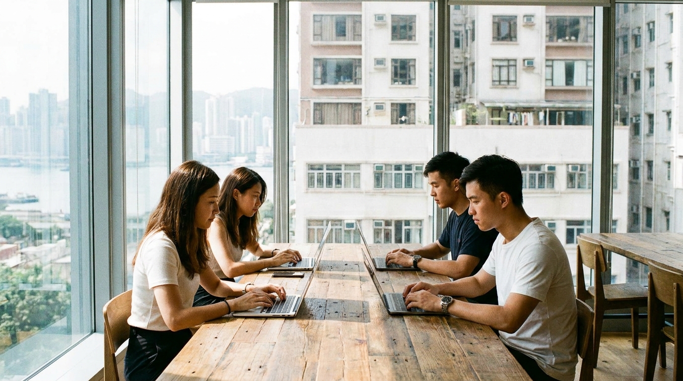 A vibrant Hong Kong co-working space, well-lit, with several young men and women sitting at a long wooden table, working intently on laptops, with large glass windows in the background.