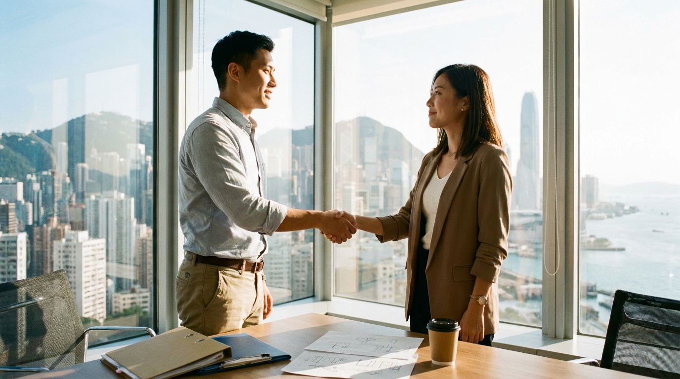 Two young entrepreneurs in smart casual attire shaking hands in a sunlit meeting room, with some documents and a cup of coffee on the table, the atmosphere full of hope and confidence.