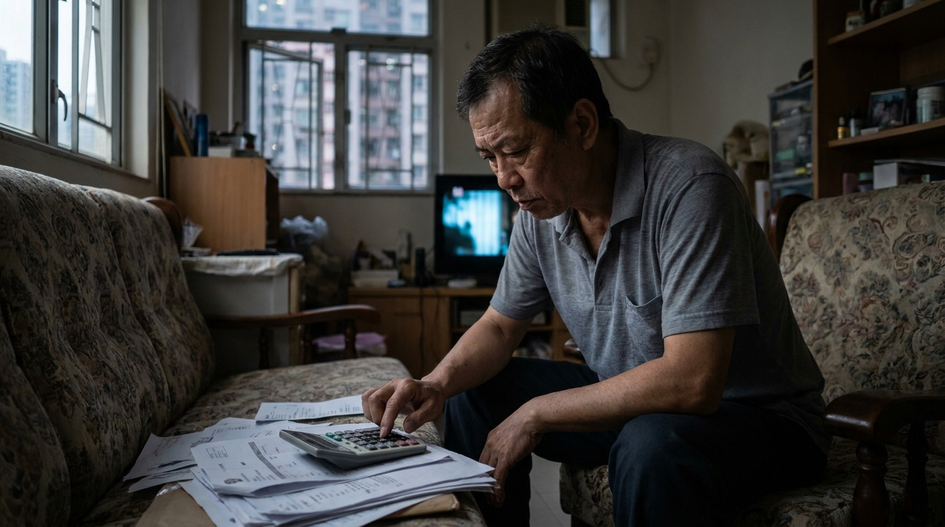 A frowning middle-aged Hong Kong man sitting on a sofa facing a stack of billing documents, pressing numbers on a calculator, with faint TV light in the living room background