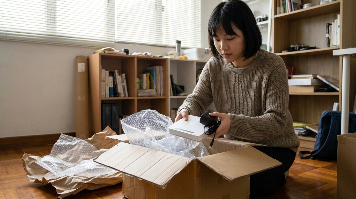 A young woman with short hair in her home study, carefully placing a white broadband router and power adapter into a cardboard box, with bubble wrap nearby and sunlight shining through the blinds