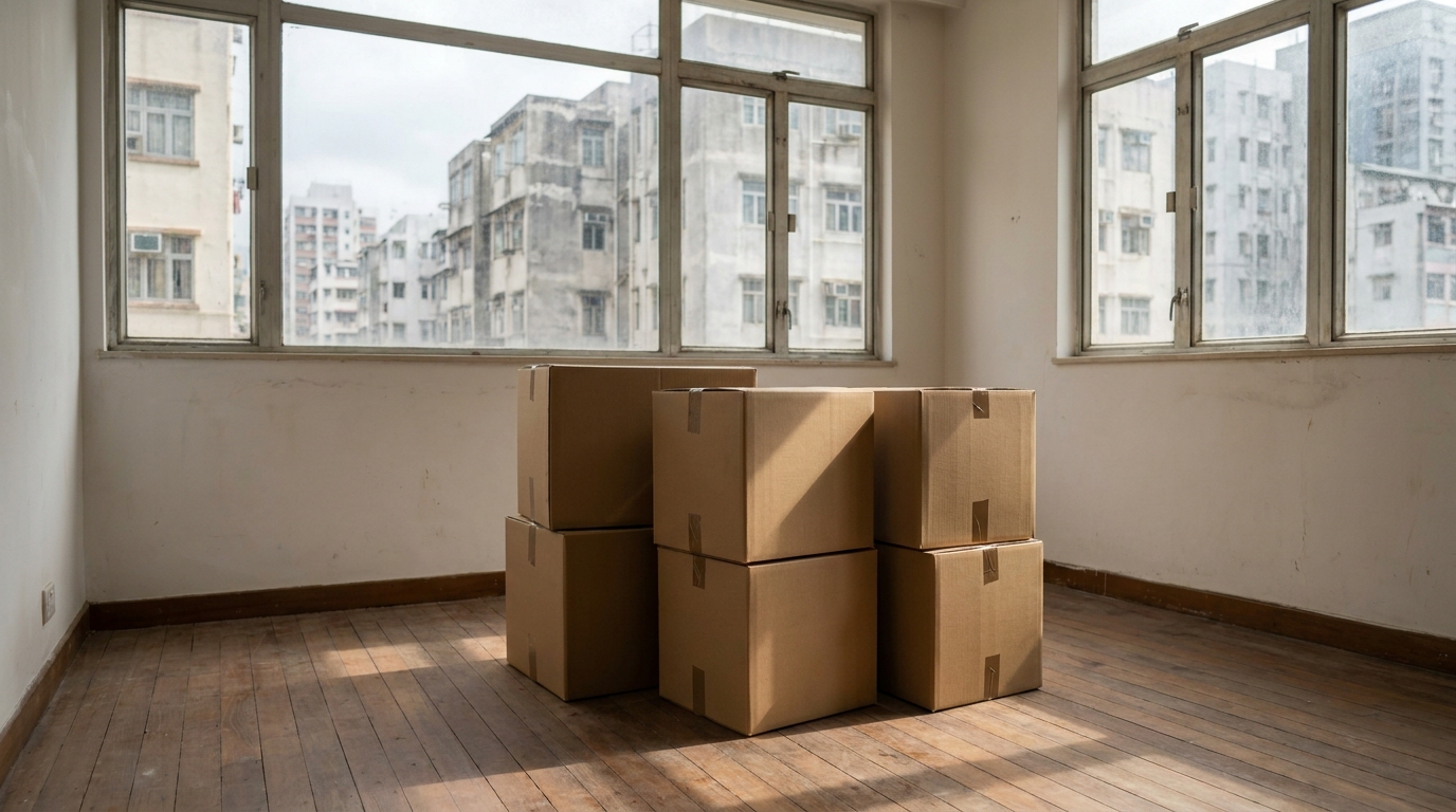 Several sealed moving cardboard boxes stacked in the middle of an empty Hong Kong residential living room, with wooden flooring and a little sunlight shining in
