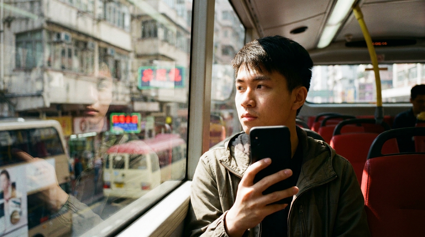 a young man sitting on the upper deck of a Hong Kong double-decker bus, looking out the window, holding a black smartphone with sunlight streaming into the cabin