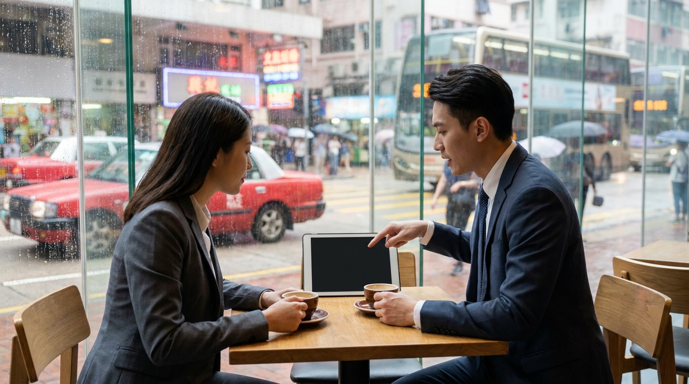 two professionals in neat business suits discussing over a tablet on the table while drinking coffee in a Central cafe with floor-to-ceiling windows, with busy Hong Kong streets in the background
