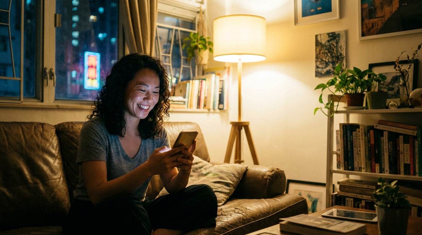 a woman in her thirties sitting on a sofa at home at night, next to a warm floor lamp, looking intently at the glowing smartphone in her hand with a satisfied smile