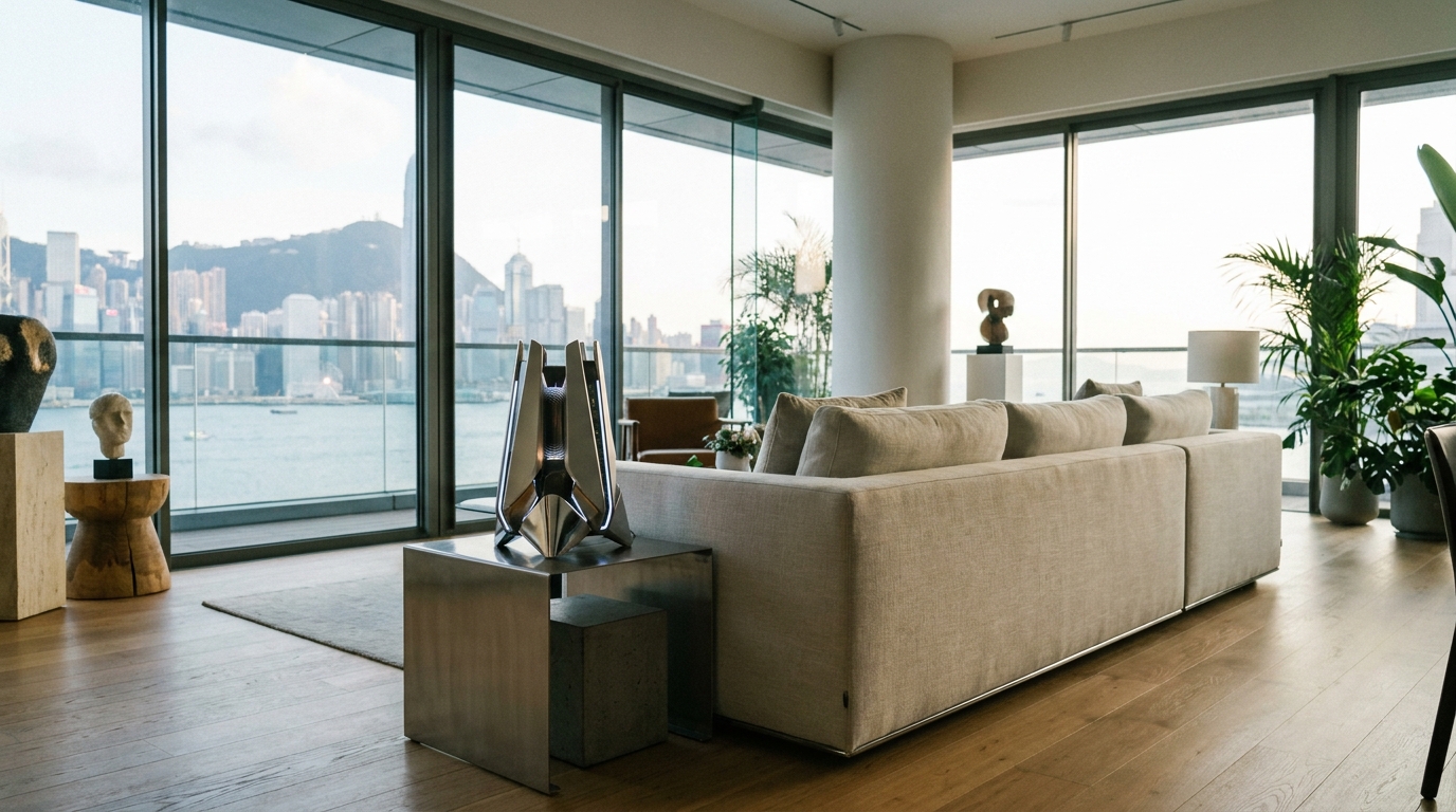 a modern luxury living room with floor-to-ceiling windows overlooking Victoria Harbour, featuring a minimalist light-colored sofa and a sci-fi looking high-end router