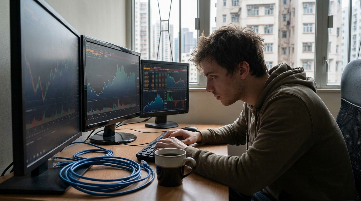 a young man sitting in front of a multi-monitor computer setup, intently looking at stock charts and data on the screens, with a cup of black coffee and several blue network cables on the desk