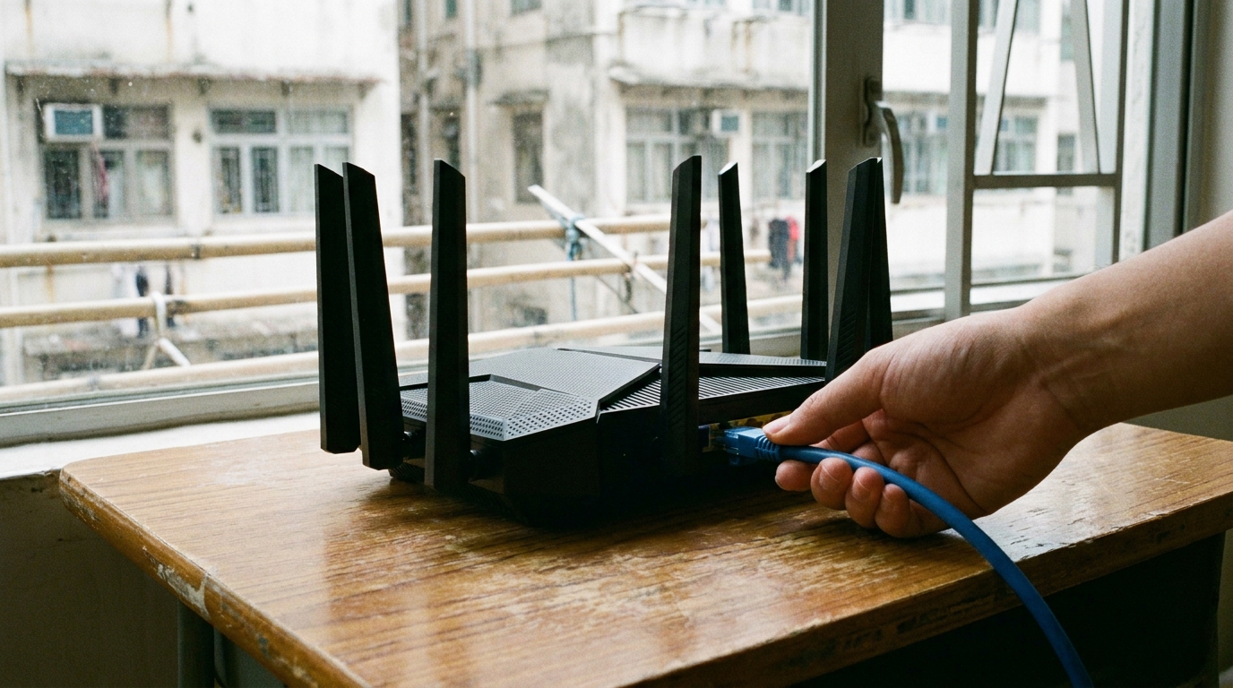 a hand plugging a thick blue network cable into the back of a sci-fi looking black high-end router with multiple antennas, against a wooden desk background