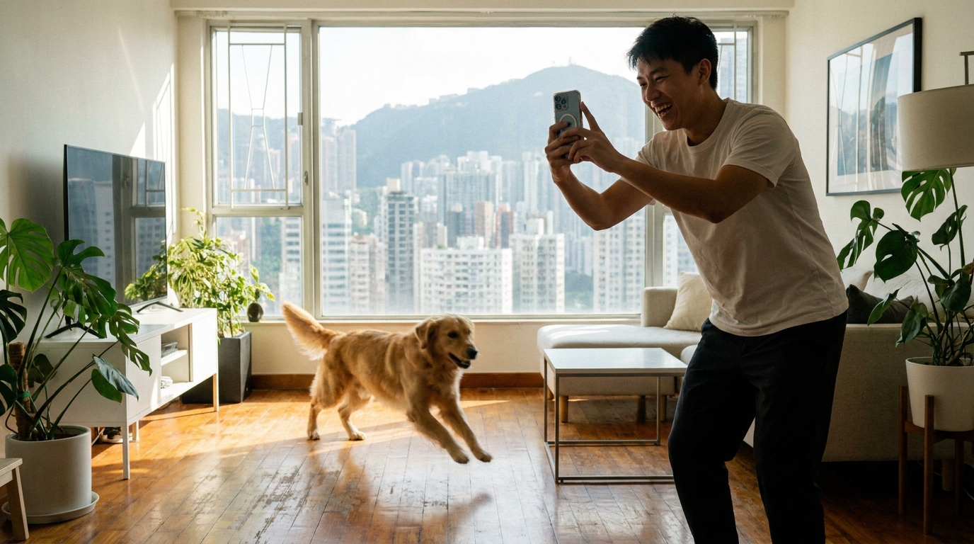 a young man in a sunny living room holding up a multi-lens smartphone with both hands, filming a running golden retriever, with a modern home decor background