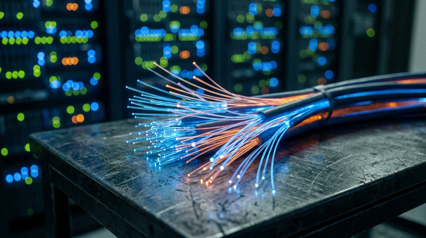 close-up of a bundle of fiber optic cables emitting blue and orange light, placed on a dark metal table, with slightly blurred server rack lights in the background