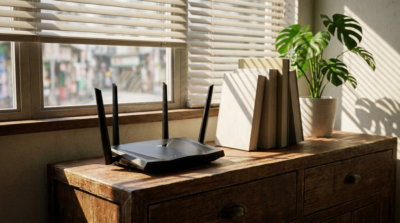 a futuristic black wireless router placed on a wooden cabinet, next to a few thick books and a green potted plant, with sunlight shining into the room through blinds