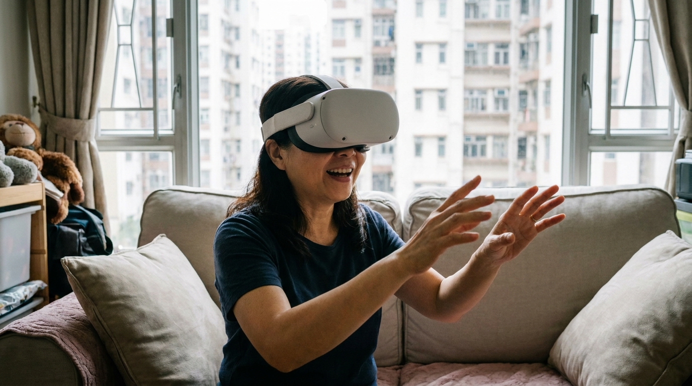 a woman sitting on a comfortable sofa, wearing a white VR headset, showing a surprised smile with her hands slightly reaching out as if trying to touch a virtual object in front of her