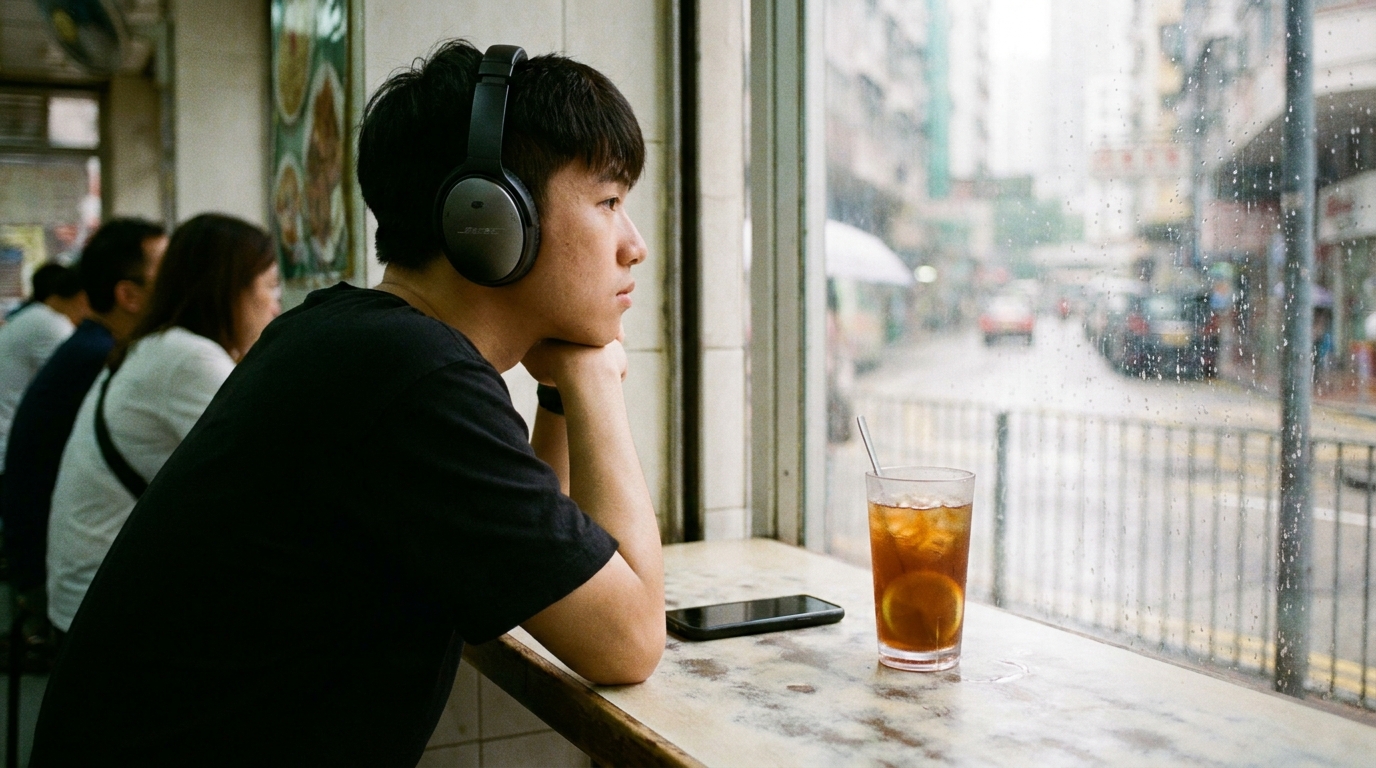 a young man wearing over-ear headphones sitting in a Hong Kong cha chaan teng looking out the window, with a glass of iced lemon tea and a smartphone on the table, relaxed atmosphere