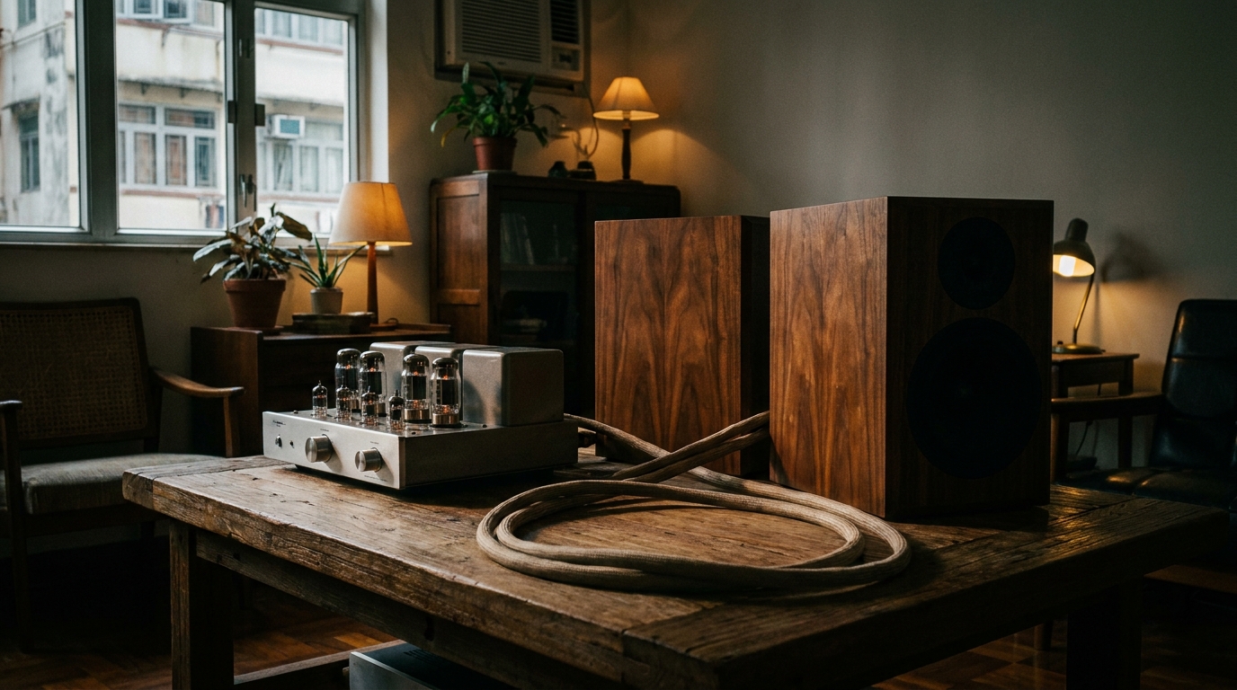a high-end audio setup on a wooden table, featuring a silver amplifier and a pair of wooden bookshelf speakers, with a thick audio cable nearby, in a dimly lit and atmospheric living room