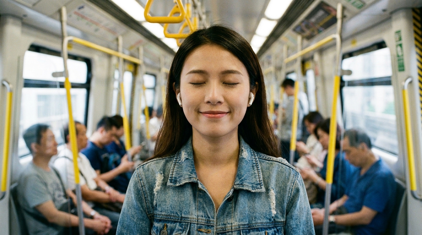 a girl in a Hong Kong MTR carriage wearing true wireless Bluetooth earbuds, eyes closed enjoying music, with other people in the carriage but the background slightly blurred