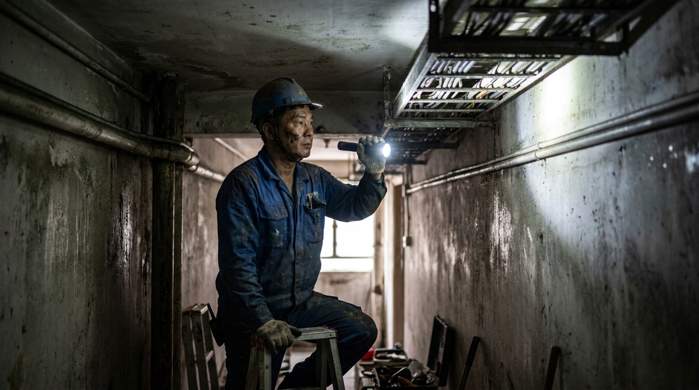 一個穿住工作服嘅師傅喺一條狹窄昏暗嘅走廊度，用電筒照住天花板嘅電線槽，神情專注