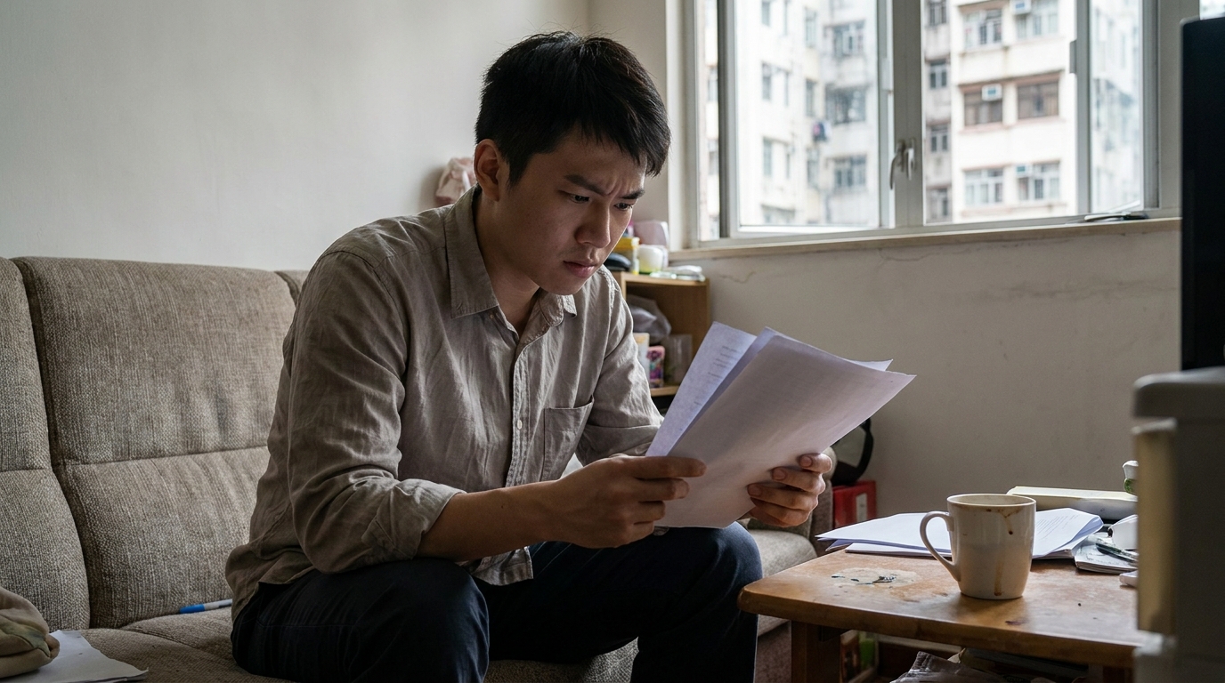 一個年輕男士坐喺梳化上，眉頭深鎖咁望住手上幾張紙質文件，旁邊有一杯飲咗一半嘅咖啡