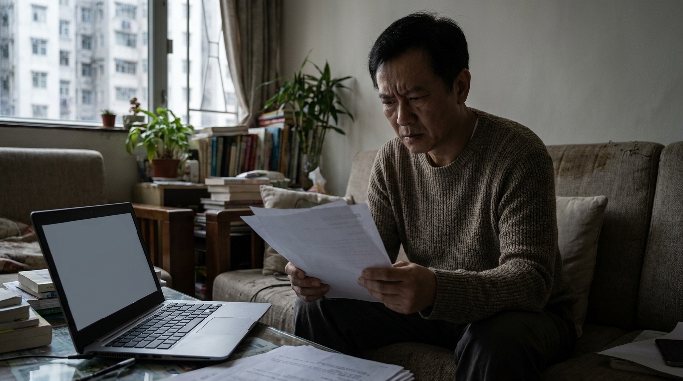 一個眉頭深鎖嘅香港男士，坐喺屋企梳化，手持一疊合約文件，旁邊有一部打開嘅手提電腦，室內燈光稍微昏暗
