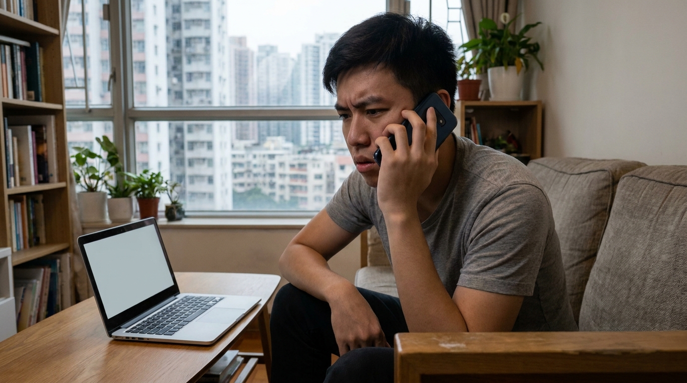 A young man sitting on a living room sofa, holding a mobile phone to his ear with one hand, frowning deeply and looking very frustrated, with an open laptop next to him, under soft indoor lighting
