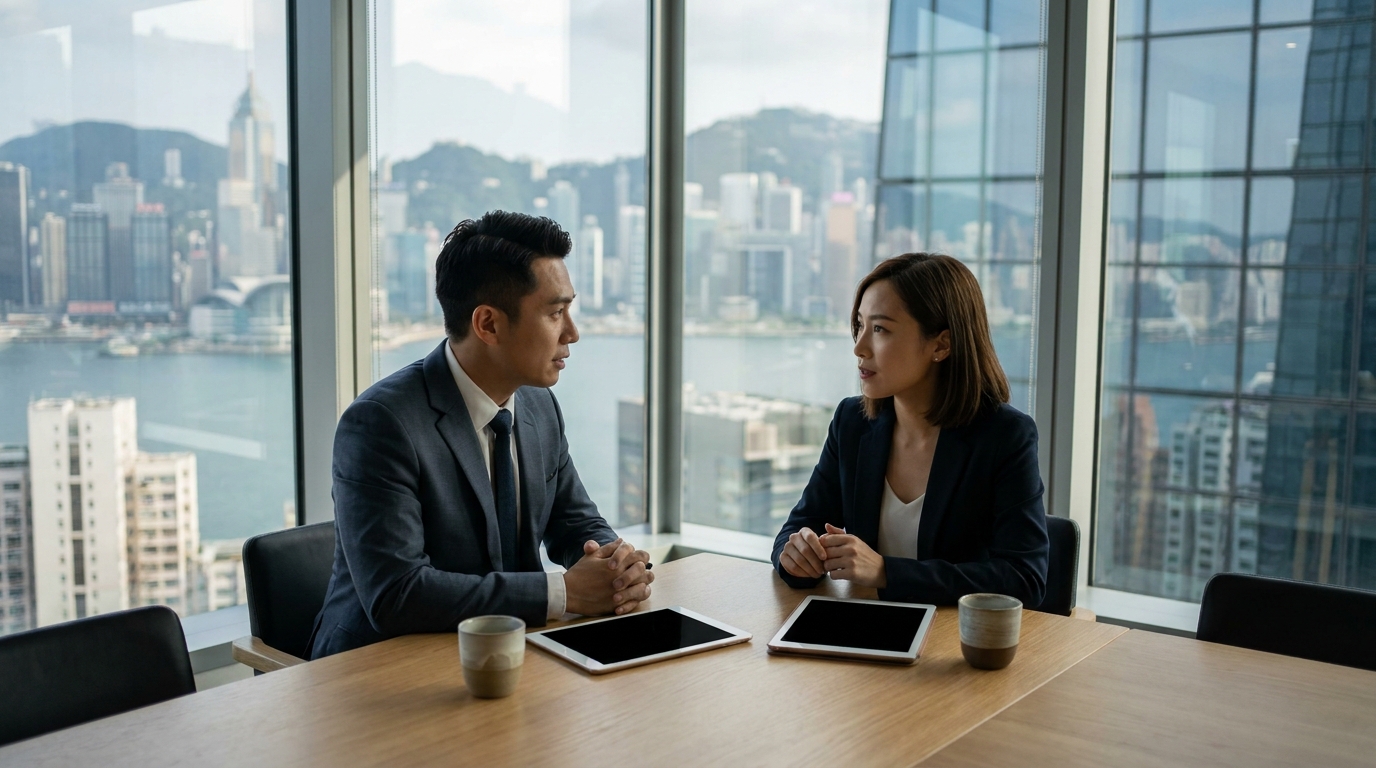 A modern Hong Kong office, two sharply dressed business professionals sitting and chatting inside a glass meeting room, with a few cups of coffee and a tablet on the table, professional atmosphere