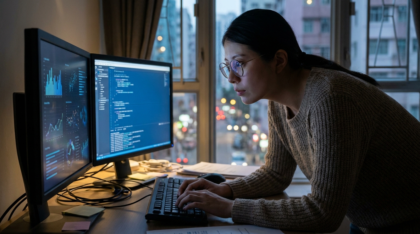 A woman wearing glasses in a dimly lit room, typing intently in front of a dual-monitor computer setup, with the faint blue light from the screens illuminating her face