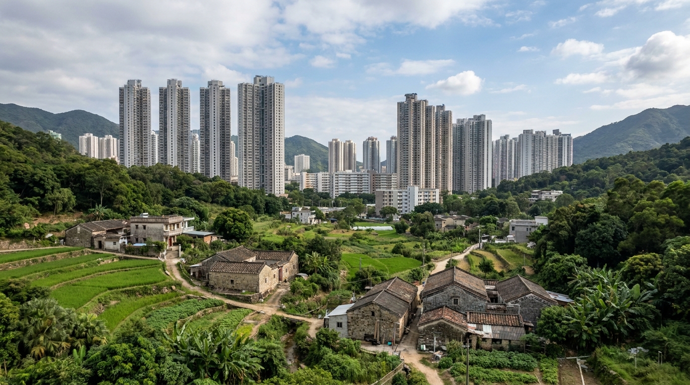A wide landscape of a residential area in the New Territories, Hong Kong, with traditional village houses in the foreground and dense modern high-rises in the background, surrounded by green hills under a blue sky with white clouds