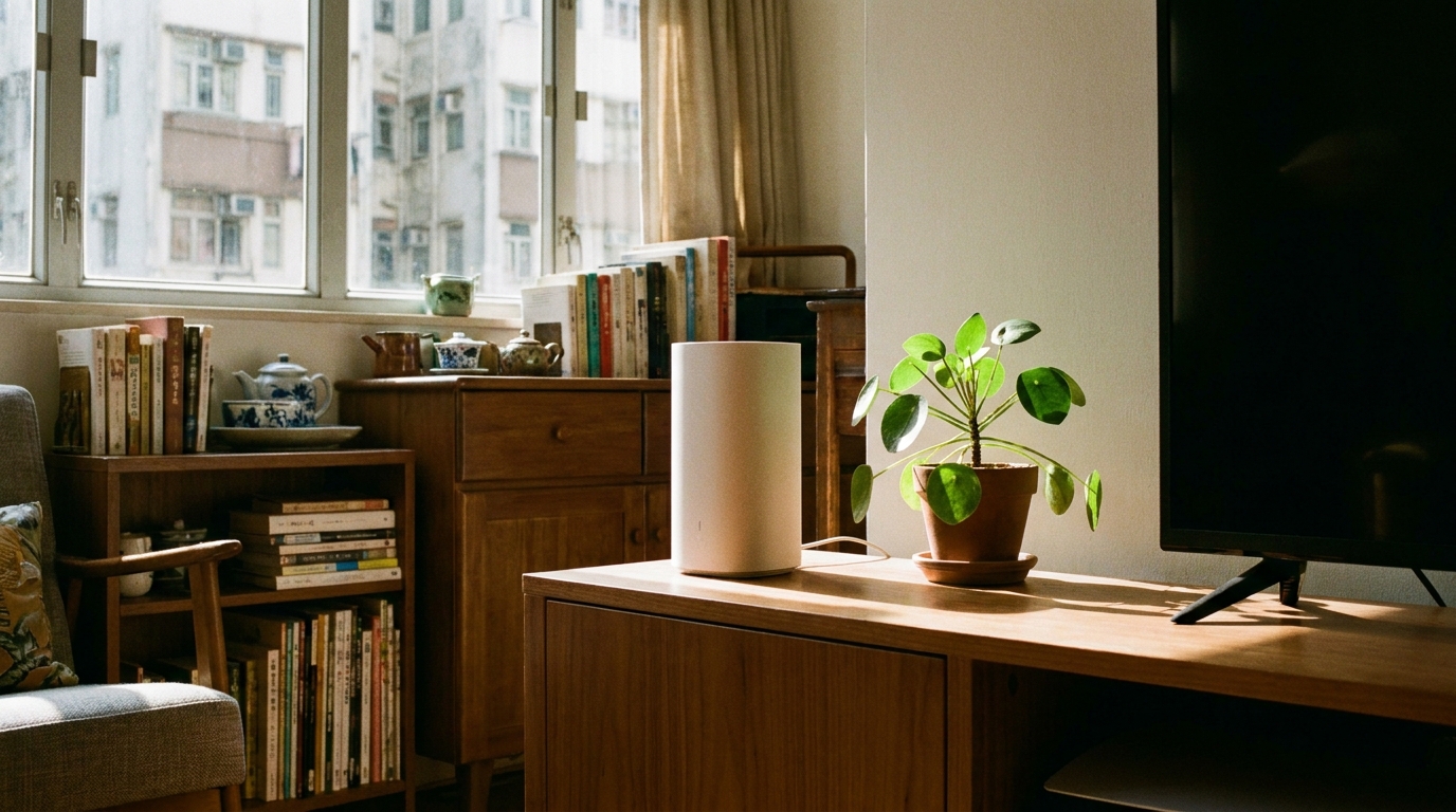A stylish white cylindrical router placed on a wooden TV cabinet in a cozy living room, next to a small potted green plant, with sunlight streaming in through the window
