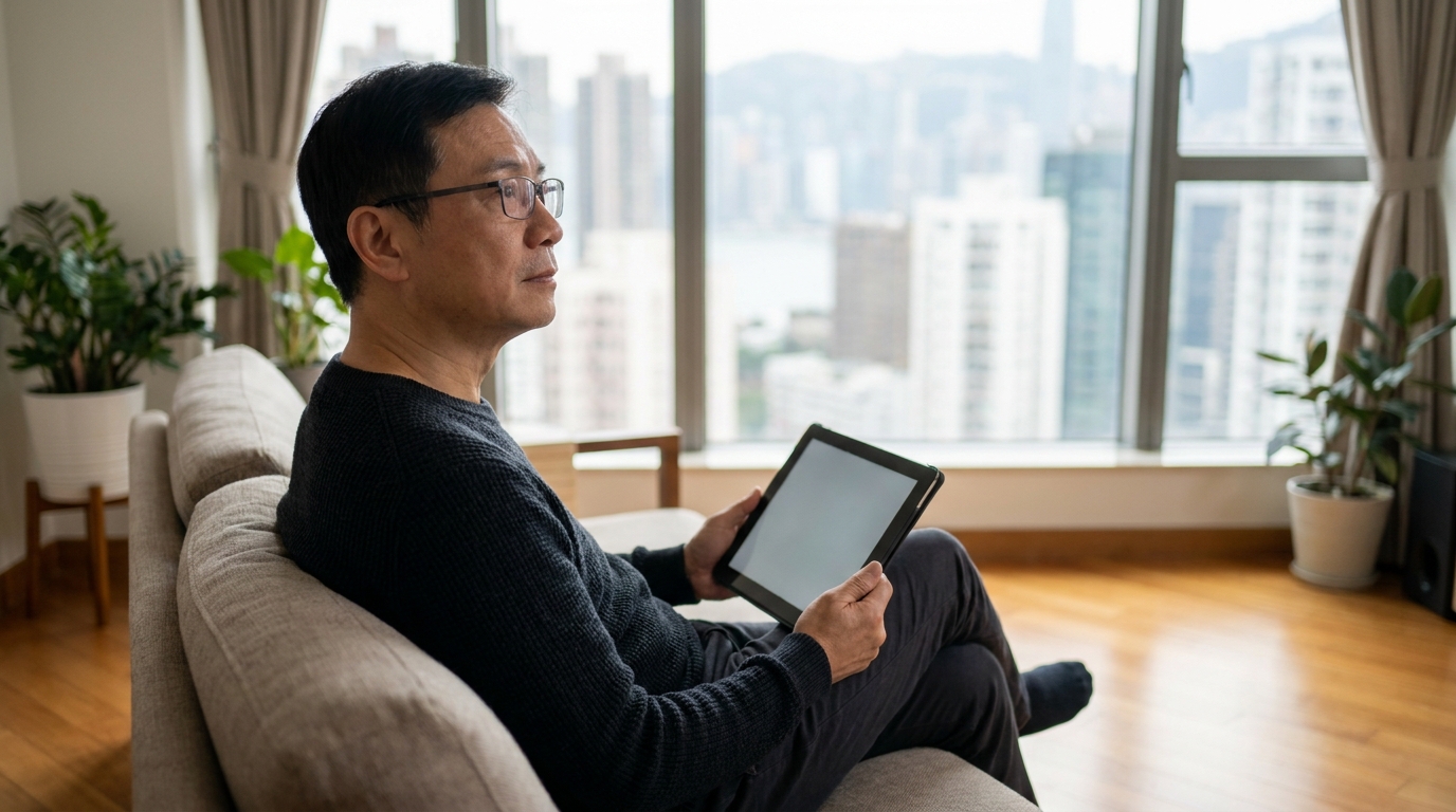 A 30-year-old Asian man wearing glasses, sitting on a sofa in a modern living room, holding a tablet in his hand, deep in thought comparing options