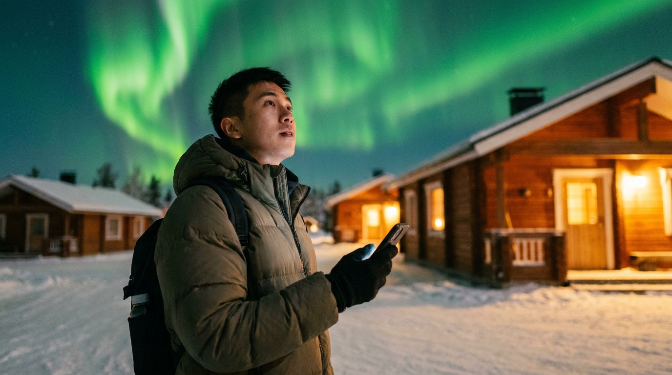 一個著住厚羽絨嘅後生仔，企喺雪地入面，手持電話望住天上絢麗嘅綠色極光，背景有幾間亮起暖色燈光嘅木屋