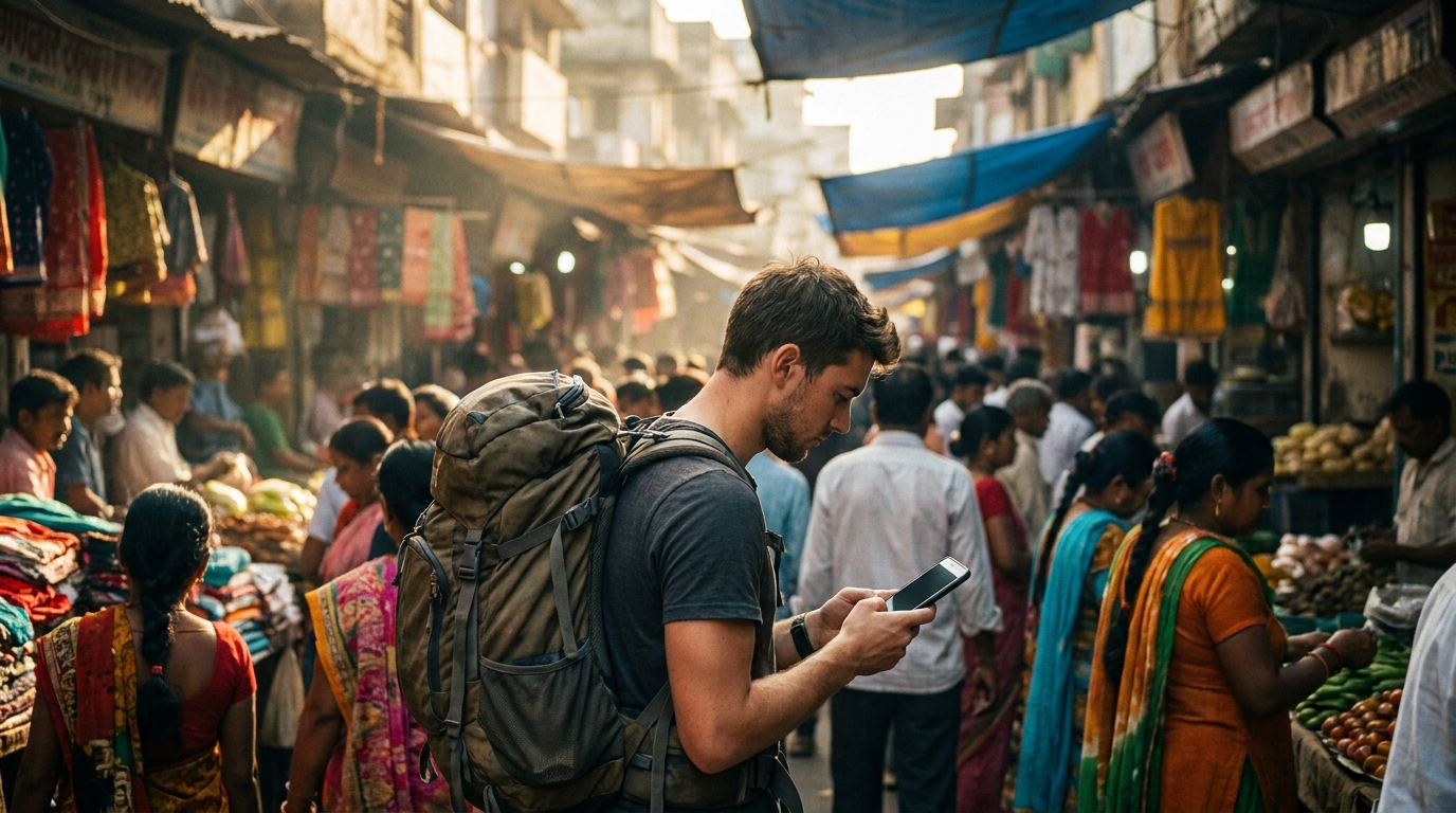 A young man carrying a large backpack, standing in a crowded, colourful Indian market, looking intently at his smartphone with sunlight spilling onto the street