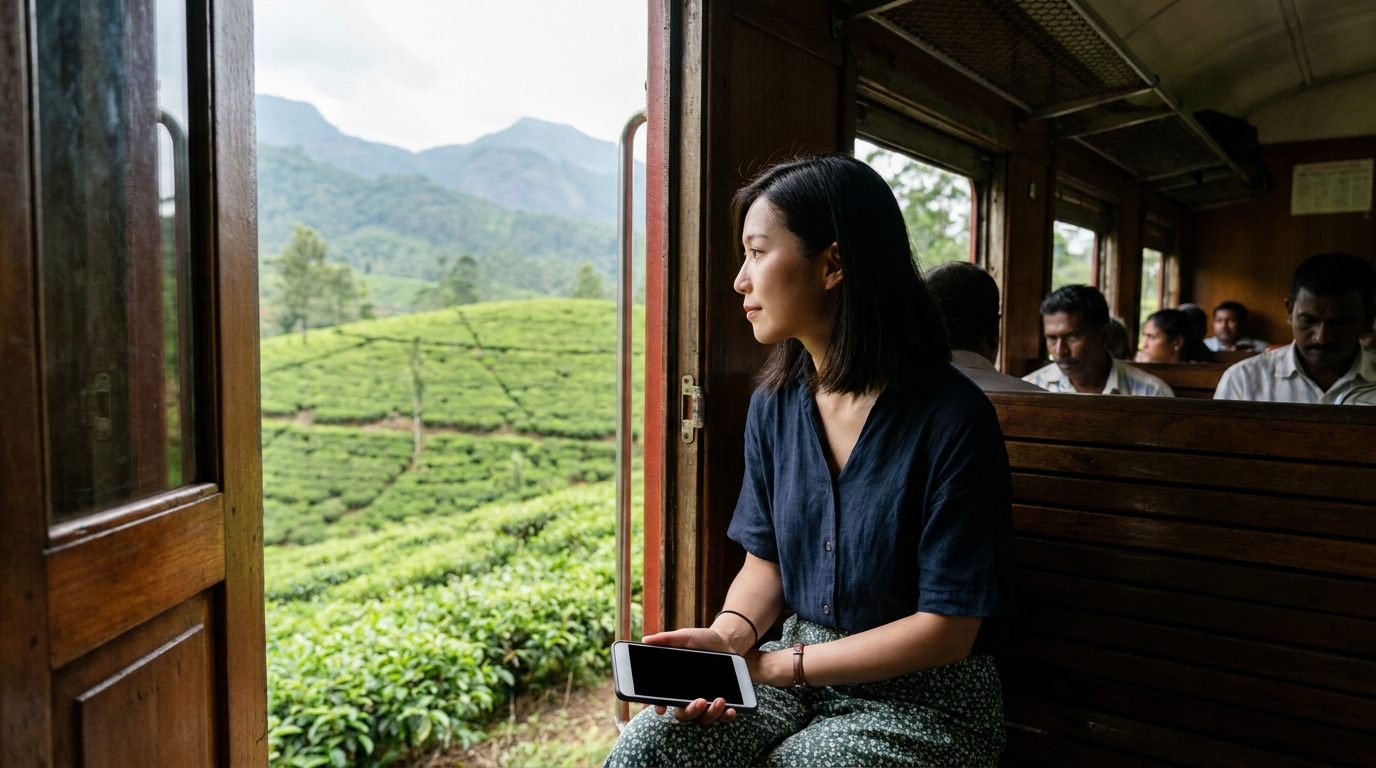 A woman sitting inside a nostalgic Sri Lankan train carriage, looking out the open door at the lush green scenery, holding a smartphone