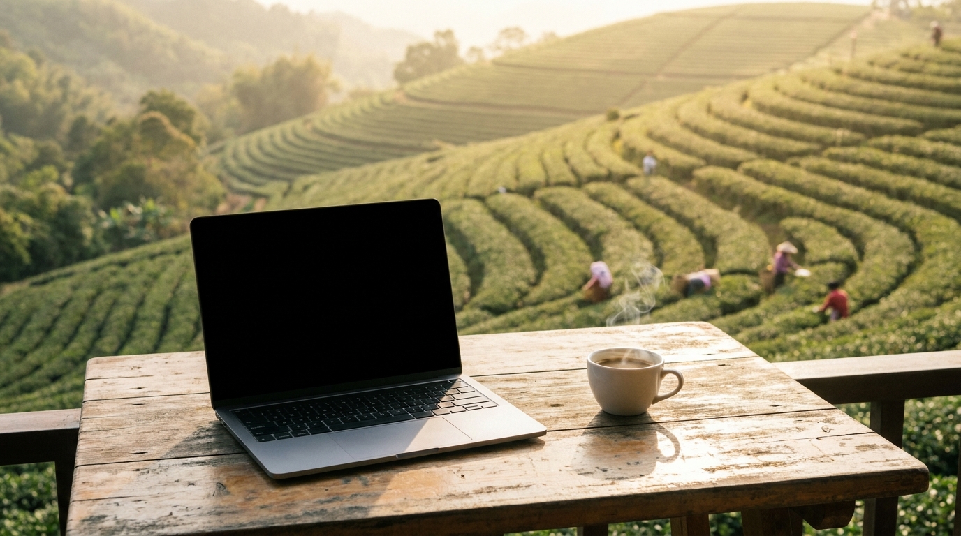 An open laptop and a hot cup of coffee on a wooden table, with a vast, lush green tea plantation in the background under soft sunlight