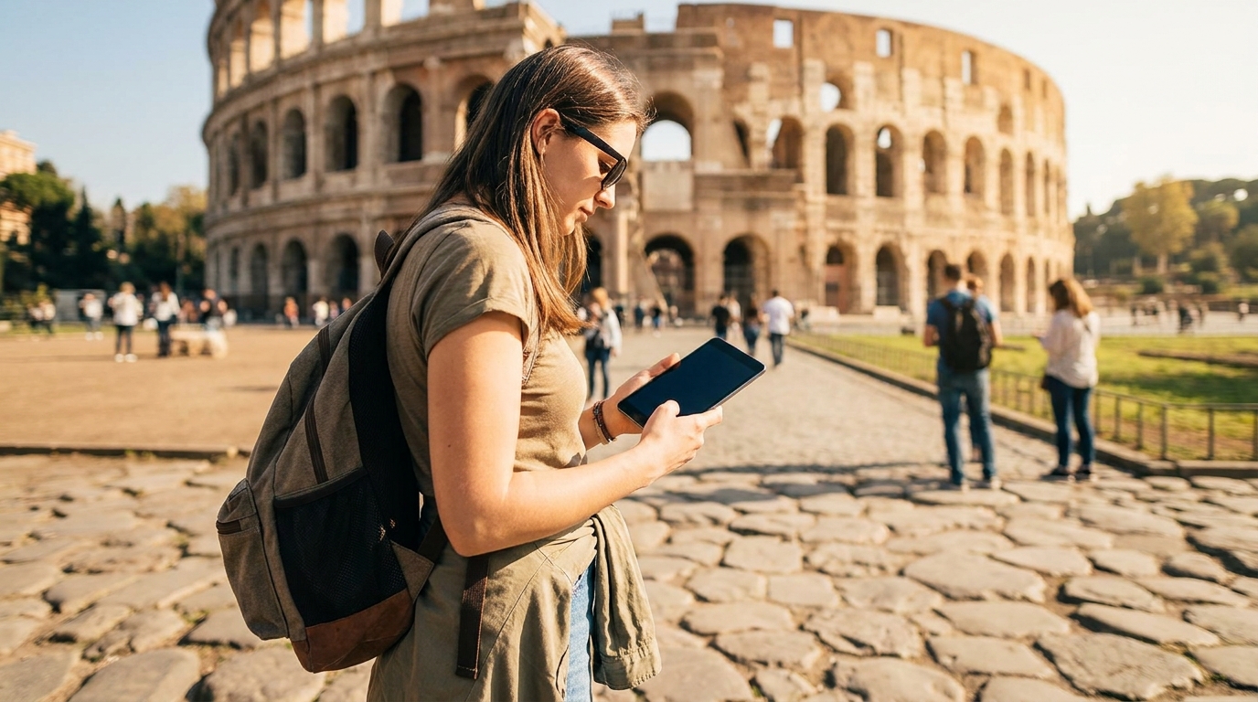 Outside the sunny Colosseum in Rome, a young female tourist wearing sunglasses stands on a cobblestone street, looking down intently at a smartphone, with a light jacket hanging from her backpack