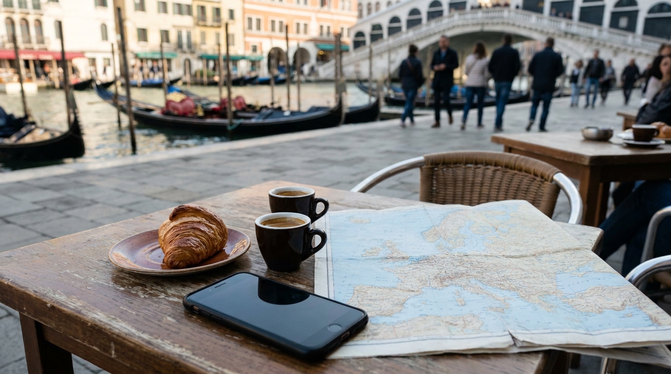 An outdoor cafe table next to the Grand Canal in Venice, with two cups of espresso and a croissant on the table, next to an unfolded physical map of Europe and a black smartphone