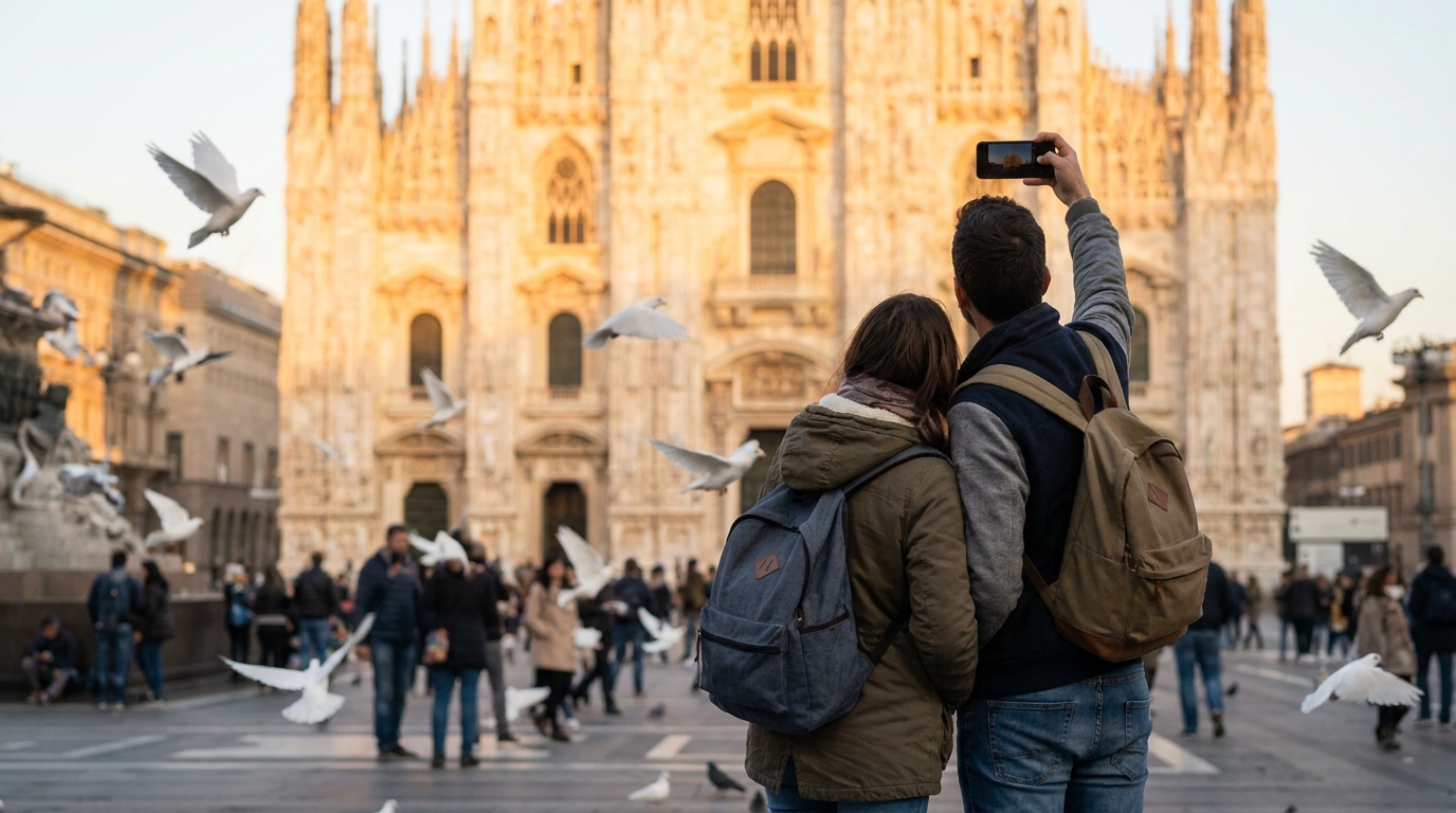 Piazza del Duomo in Milan at dusk, a couple with their backs to the camera, the guy holding up a smartphone for a selfie, with white doves flying around them