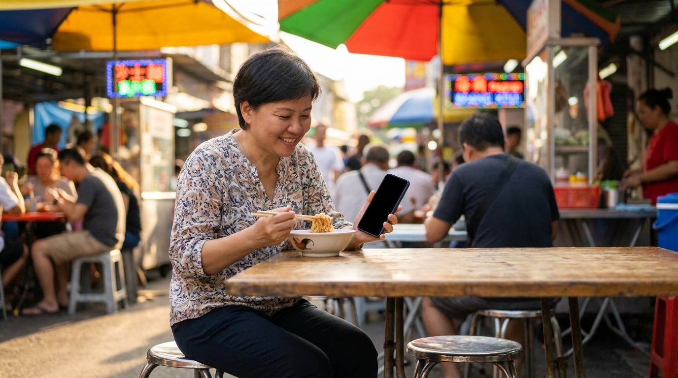 一位女士坐喺檳城一個色彩繽紛嘅戶外熟食檔前，一邊食麵一邊望住智能電話微笑着，熱帶陽光普照嘅好天氣