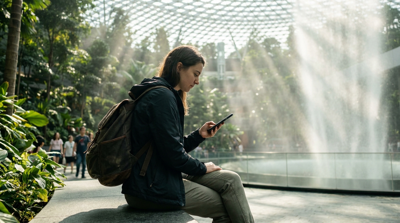 A young female tourist sitting next to the indoor waterfall at Singapore Changi Airport, holding a smartphone in one hand and focused on it, with sunlight shining through the glass dome in a relaxed atmosphere.