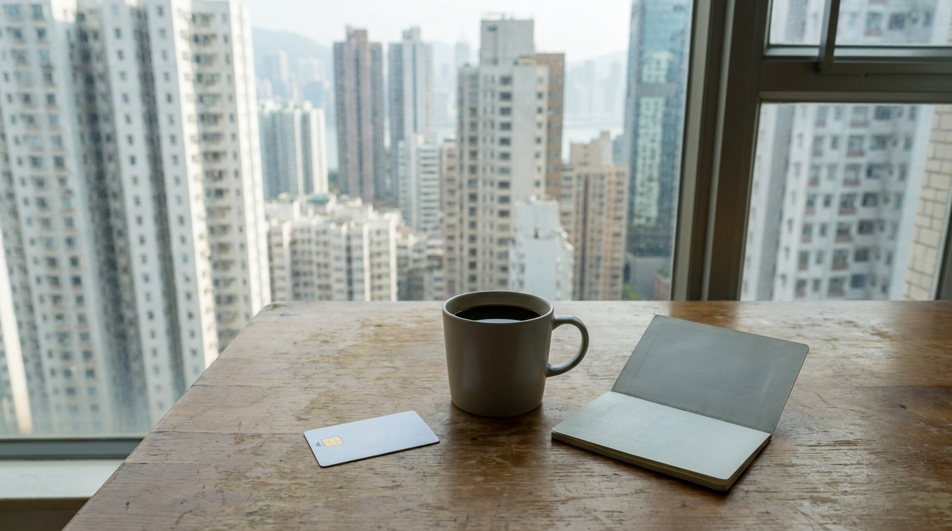 A small microchip card placed on a wooden table, next to a cup of coffee and an open passport, with a faint view of high-rise buildings through the window in the background.