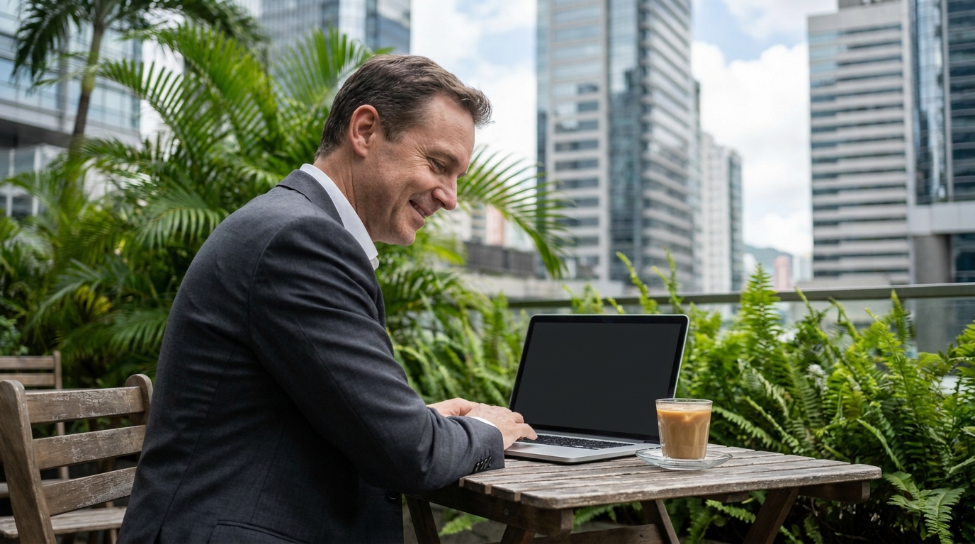 A man in a suit sitting at an outdoor cafe, with a laptop and a drink on the table. He is smiling at the laptop screen, with tropical plants and modern architecture in the background.