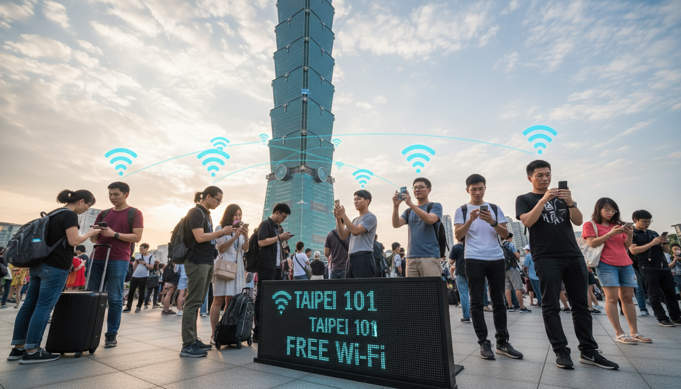 A traveler using their phone in front of Taipei 101