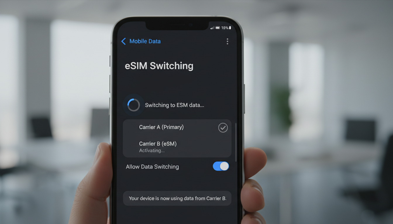 A phone settings page showing the user switching eSIM data