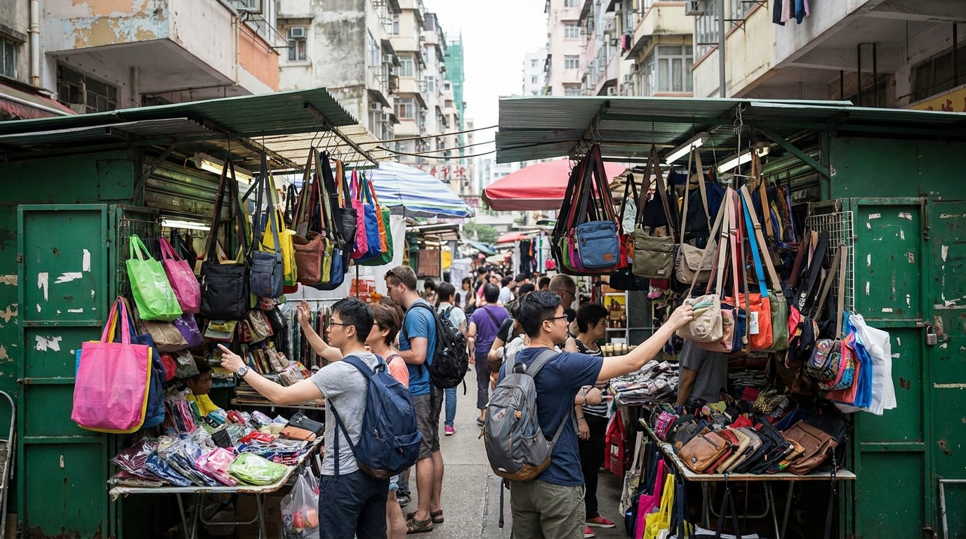 香港深水埗熙來攘往嘅街道，路邊有好多綠色鐵皮檔口排滿色彩繽紛嘅包裝袋，有遊客喺度揀嘢